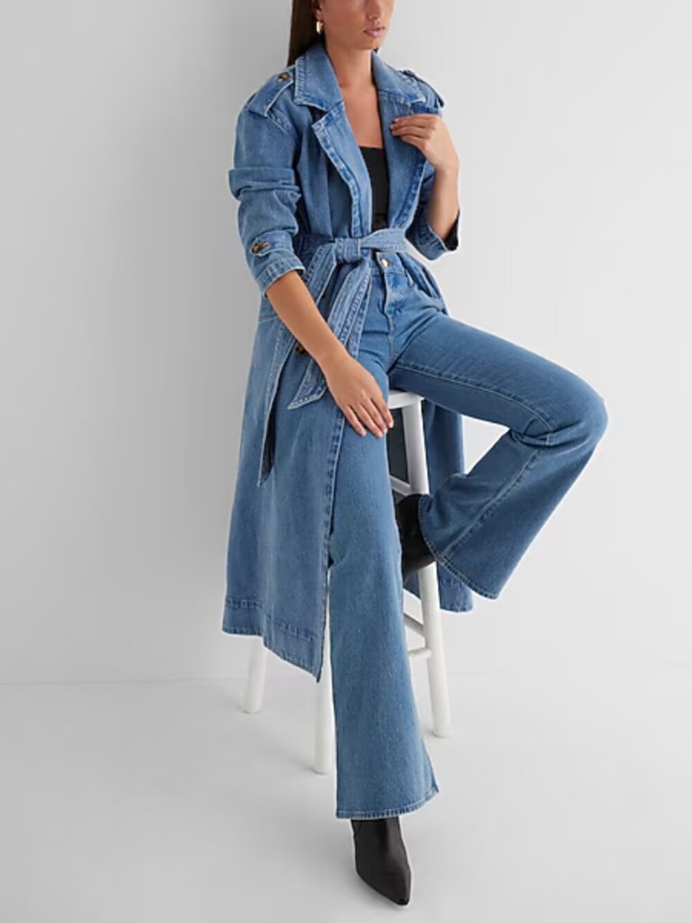 Express Denim Trench Coat Tie Belted Waist Medium Wash Size S New With Tags $178